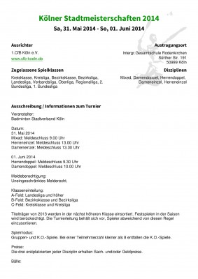 Ausschreibung Kölner Stadtmeisterschaften 2014