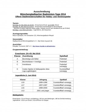 Ausschreibung Mönchengladbacher Badminton-Tage 2014