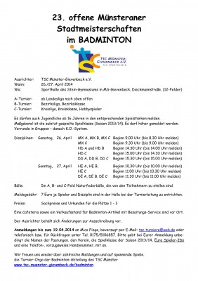 Ausschreibung 23. offene Münsteraner Stadtmeisterschaften