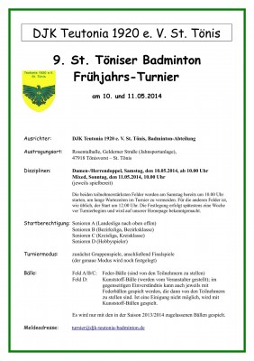 Ausschreibung 9. St. Töniser Badminton Frühjahrsturnier