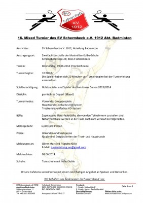 Ausschreibung 16. Mixed Turnier des SV Schermbeck e.V. 1912 - Abt. Badminton
