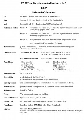 Ausschreibung 17. Offene Badminton-Stadtmeisterschaft in der Weinstadt Ochsenfurt