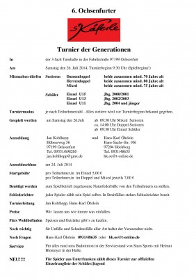 Ausschreibung 6. Ochsenfurter s´Käferle Turnier der Generationen
