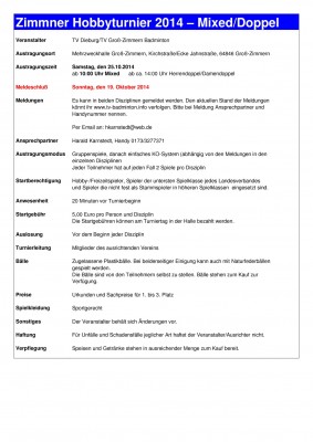 Ausschreibung Zimmner Hobbyturnier 2014 - Mixed/Doppel