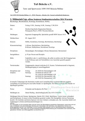 Ausschreibung 2. Möhnetalcup, offene Senioren Stadtmeisterschaften 2014 Warstein 