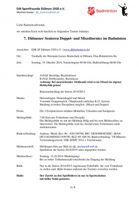 Ausschreibung 7. Dülmener Senioren Doppel-/ Mixedturnier