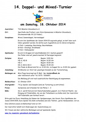 Ausschreibung 14. Doppel- und Mixed- Turnier des TSC Münster