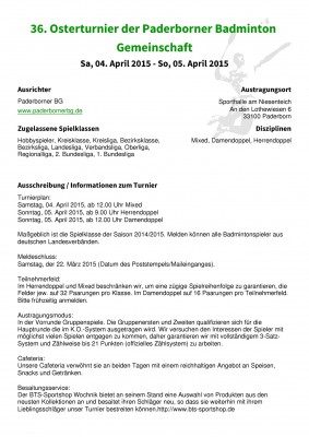 Ausschreibung 36. Osterturnier der Paderborner Badminton Gemeinschaft
