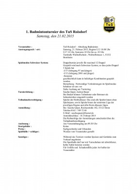 Ausschreibung 1. Badminton-Turnier des TuS Roisdorf (Junioren)