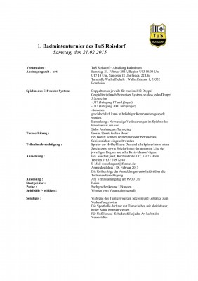 Ausschreibung 1. Badminton-Turnier des TuS Roisdorf (Senioren)