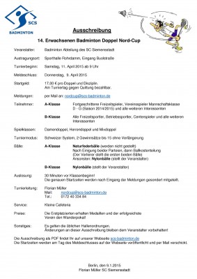 Ausschreibung 14. Erwachsenen Badminton Doppel Nord-Cup