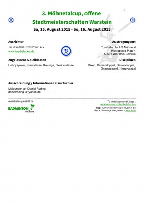 Ausschreibung 3. Möhnetalcup, offene Stadtmeisterschaften Warstein