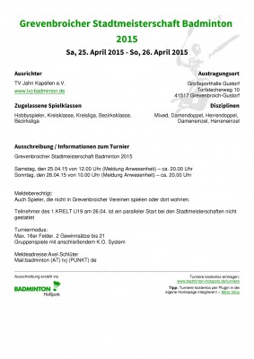 Ausschreibung Grevenbroicher Stadtmeisterschaft Badminton 2015