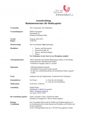 Ausschreibung Badmintonturnier für Hobbyspieler, Ummendorf
