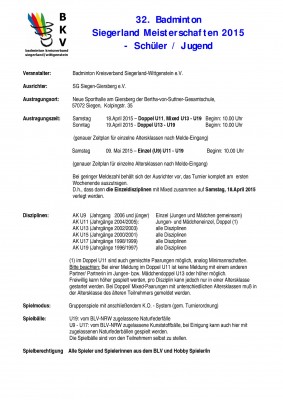 Ausschreibung 32. offene Badminton-Siegerlandmeisterschaften (Schüler/Jugend) 2015