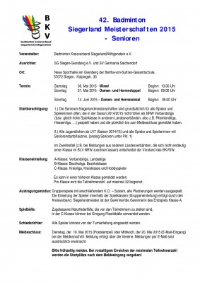 Ausschreibung 42. offene Badminton-Siegerlandmeisterschaften (Senioren) 2015