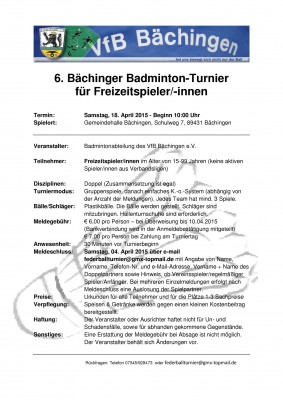 Ausschreibung 6. Bächinger Badminton-Turnier für Freizeitspieler/-innen