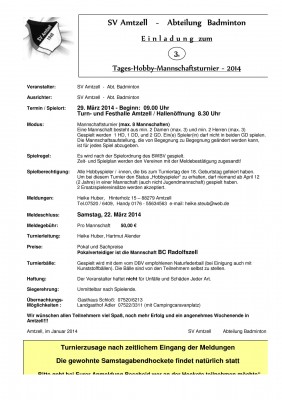 Ausschreibung 3. Tages-Hobby-Mannschaftsturnier des SV Amtzell