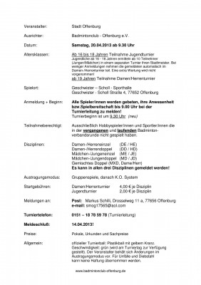 Ausschreibung 16. Offenburger Hobby Badminton-Stadtmeisterschaften