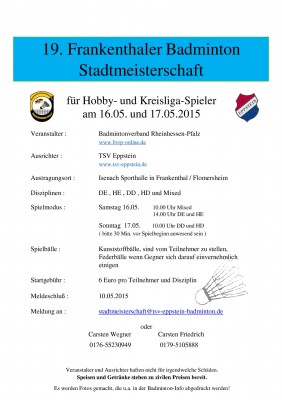 Ausschreibung 19. offene Badminton Stadtmeisterschaft in Frankenthal