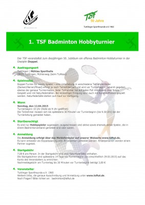 Ausschreibung 1. TSF Badminton Hobbyturnier