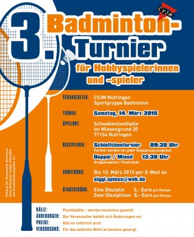 Ausschreibung 3. Badminton-Turnier CVJM Nufringen