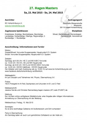 Ausschreibung 27. Hagen Masters