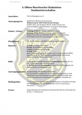 Ausschreibung 6. Offene Meerbuscher Badminton-Stadtmeisterschaften