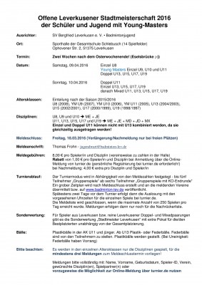 Ausschreibung Offene Leverkusener Stadtmeisterschaft 2016 der Schüler und Jugend