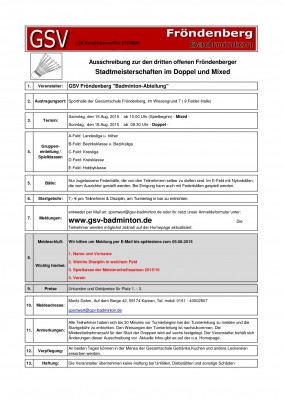 Ausschreibung 3. offene Stadtmeisterschaft in Fröndenberg