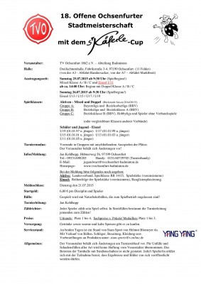 Ausschreibung 18. Offene Ochsenfurter Stadtmeisterschaft mit dem s´Käferle-CUP 2015