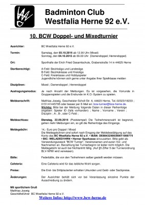 Ausschreibung 10. BCW Doppel- und Mixedturnier
