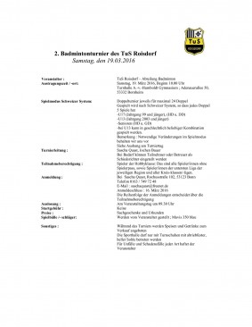 Ausschreibung 2. Badmintonturnier des TuS Roisdorf