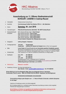 Ausschreibung 11. Offene SCHÜLER & JUGEND-Stadtmeisterschaft CASTROP-RAUXEL