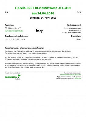 Ausschreibung 1.Kreis-ERLT BLV NRW West U11-U19 am 24.04.2016