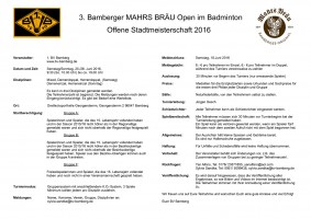 Ausschreibung 3. Bamberger Mahrs Bräu Open, Offene Stadtmeisterschaft 2016