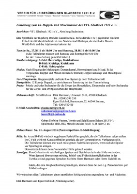 Ausschreibung 16. Doppel- und Mixedturnier des VfL Gladbeck 1921 e.V.
