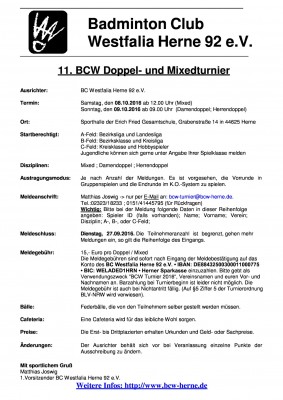 Ausschreibung 11. BCW Doppel- und Mixedturnier
