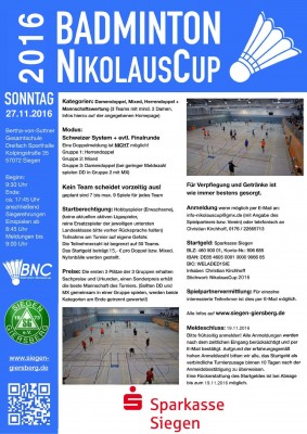 Ausschreibung 8. Badminton-NikolausCup 2016 in Siegen