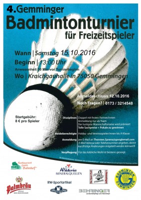 Ausschreibung 4. Gemminger Badmintonturnier