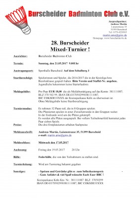 Ausschreibung 28. Mixed Turnier des Burscheider BC