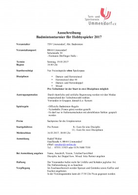 Ausschreibung Badminton-Hobbyturnier Ummendorf