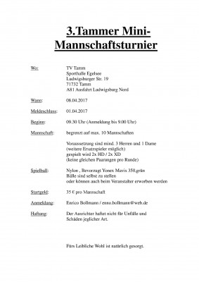 Ausschreibung 3. Tammer Mini-Mannschaftsturnier