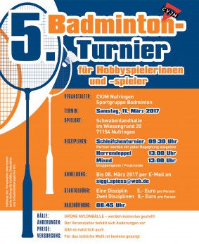 Ausschreibung 5. Badmintonturnier CVJM Nufringen