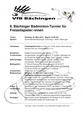 Ausschreibung 8. Bächinger Badminton-Turnier für Freizeitspieler/-innen