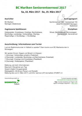 Ausschreibung BC Mariken Seniorentoernooi 2017