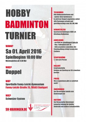 Ausschreibung S-Vaihinger Hobby Badminton Turnier