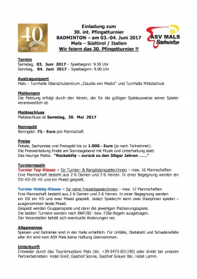 Ausschreibung 30. int. Pfingstturnier BADMINTON in Mals - Südtirol/Italien