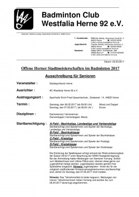 Ausschreibung Offene Herner Stadtmeisterschaften im Badminton 2017