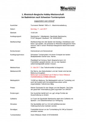 Ausschreibung 1. Rheinisch-Bergische Hobby-Meisterschaft im Badminton nach Schweizer-Turniersystem zugunsten von Unicef